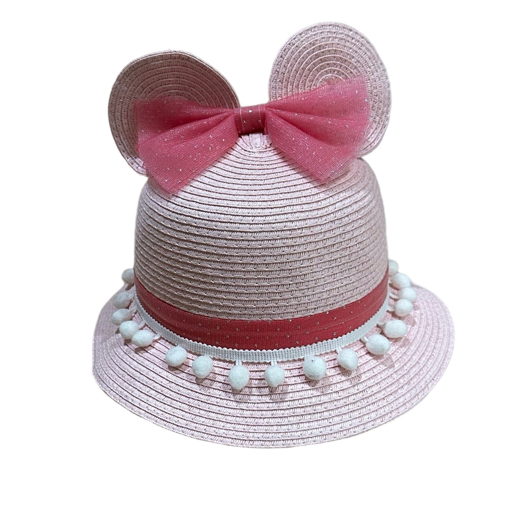 Disney Parks Minnie Mouse Pink Bow Straw Hat Pom Pom Trim Youth